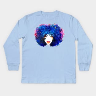 Afro Blue Women Natural Curly Hair Kids Long Sleeve T-Shirt